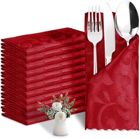 24 Pack Red Damask Satin Napkins 17 x 17 Inch by Eychei