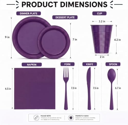 350 Pcs Purple Plastic Plates for Party Purple Disposable Plates Set 50 of Each 9 Dinner Plate Set 7 Dessert Plate Cups Napkins & Cutlery Plastic Dinnerware Set Exquisite - Image 3