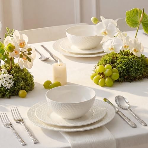 KINGSTONE 18Pcs Hammered Rim White Bone China Set, Service for 6 - Image 6