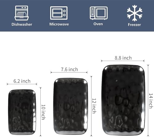vicrays Ceramic Rectangle Serving Platters - 14" 12" 10" Porcelain Serving Trays Plates for Party BBQ Appetizers Sushi Dessert - Microwave Oven and Dishwasher Safe - Set of 3 Bright Black - Image 2