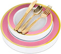 125-Piece White, Pink, and Gold Fancy Plastic Plates Disposable with Silverware, Elegant Dinnerware for Weddings, Holiday Party China, Set of 25 Dinner + Salad Plates, 25 Spoons, 25 Forks, 25 Knives by StockYourHome