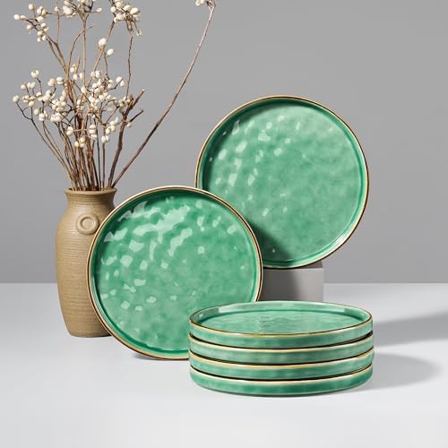 HaWare Stoneware Plates Set of 6, 7.9" Salad Plates, Reactive Glaze Ripple Ceramic Dish Set for Appetizer, Dessert, Scratch Resistant, Small Dinner Plate, Microwave and Dishwasher Safe, Reactive Green by HaWare