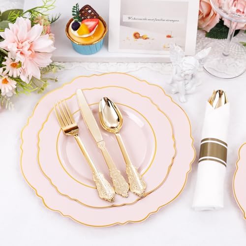 Liacere 175PCS Pink Plates Disposable - Pink and Gold Plates 25guest Baroque Plastic Dinnerware include 50Plates, 25Pack Pre Rolled Napkins with Silverware 25Cups Perfect for Wedding & Party - Image 3