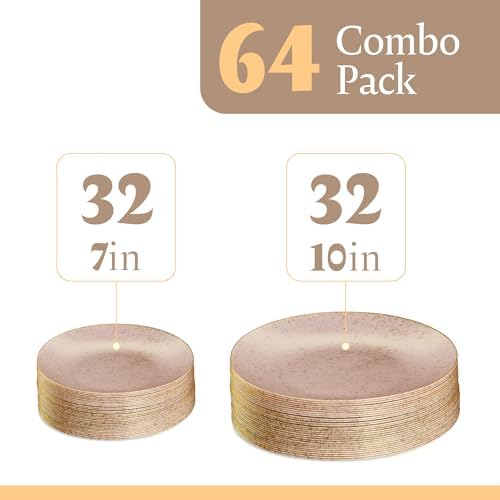 PLASTICPRO 64 Pack Elegant Disposable Plastic Plates Combo Set Includes 32 Dinner Plates and 32 Salad Plates Heavy Duty Fancy Party Plates Pink Granite Plates with Gold rim - Image 4