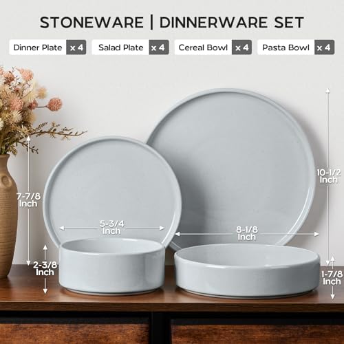 Onader Plates and Bowls Sets, 16 Pieces Stoneware Dinnerware for 4, Kitchen Dinner Dish Set with Pasta Bowl, Ceramic Dishware Dining Ware, Microwave & Dishwasher Safe - Slate Gray - Image 2