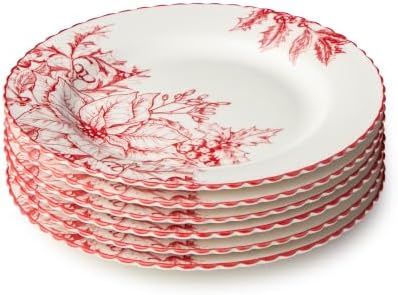 Crimson Noel SALAD/DESSERT PLATES, SETof 6 Assorted Designs — Six 8.5-inch assorted white porcelain plates in dramatic crimson toile, carrying the collection's bold botanical artistry to every course. by CERTIFIEDINTERNATIONAL