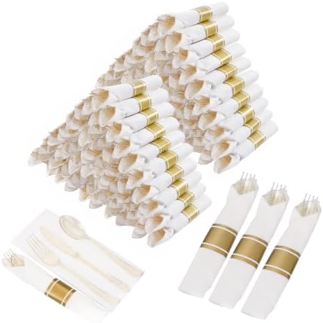 Goodluck 200 Pack Pre Rolled Gold Glitter Plastic Silverware with Napkins by GoodLuck