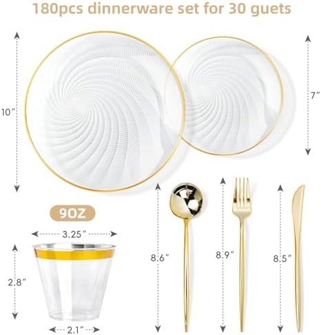 N9R 180PCS Clear and Gold Plastic Plates Disposable, Spiral Dinnerware Set - Image 2