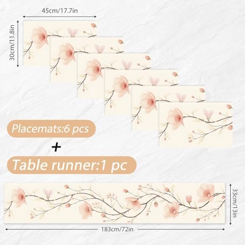 ANNA QUEEN Floral Table Runner and Placemats Set of 6, 13"x72" Beige Blossom Table Runner with 12"x18" Placemats, Flower Dining Table Decor for 4 to 6 People, Elegant Kitchen Set - Image 2