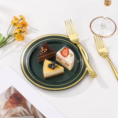 BESTVIP 600 Pcs Green Plastic Dinnerware Set with Gold Trim for 100 Guests,200 Green Plastic Plates with Gold Trim, 200 Gold Forks, 100 Spoons, 100 Knives for Party, Wedding, Birthday & Christmas - Image 4