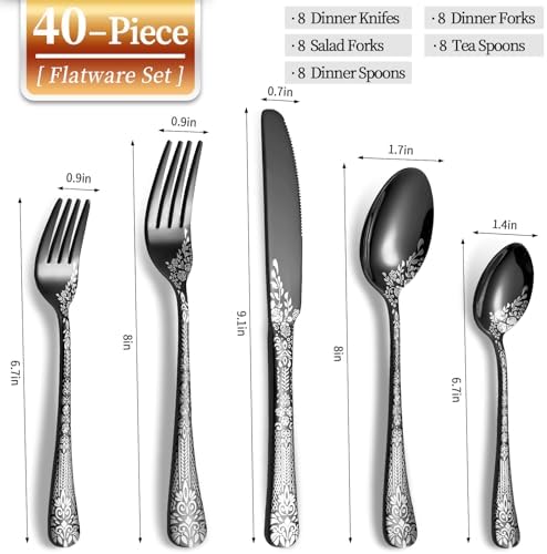 40 Piece Black Silverware Set, Stainless Steel Flatware Cutlery Set Service for 8, Mirror Polished Tableware Eating Utensils Set for Home Kitchen, Include Knife Fork Spoon Set, Dishwasher Safe - Image 2