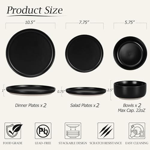 LIANYU Plates and Bowls Sets for 2, 6 Piece Stoneware Dinnerware Set, Porcelain Dishware for Kitchen and Dining, Microwave Oven Dishwasher Safe, High temperature & Scratch Resistant, Matte Black - Image 2