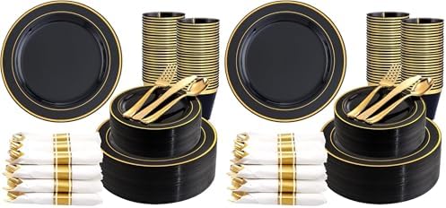 350 Pieces Black and Gold Plastic Plates with Disposable Silverware, Include 50 Dinner Plates 9”, 50 Dessert Plates 6.3”, 50 Black Cups 9 OZ, 50 Pre Rolled Napkins for New Year (Pack of 2) by WDF