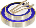 125-Piece White, Blue, and Gold Fancy Plastic Plates Disposable with Silverware, Elegant Dinnerware for Weddings, Holiday Party China, Set of 25 Dinner + Salad Plates, 25 Spoons, 25 Forks, 25 Knives by StockYourHome