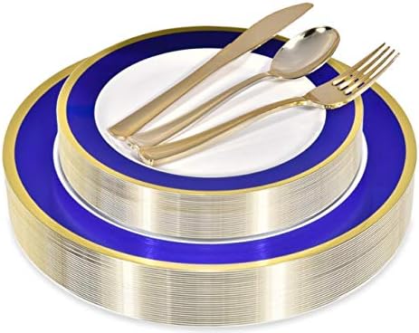 125-Piece White, Blue, and Gold Fancy Plastic Plates Disposable with Silverware, Elegant Dinnerware for Weddings, Holiday Party China, Set of 25 Dinner + Salad Plates, 25 Spoons, 25 Forks, 25 Knives by StockYourHome