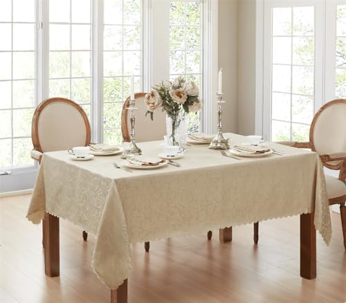 Newbridge Portofino Scalloped Damask Fabric Tablecloth, 52 x 70 Inch Rectangle, Linen, Wrinkle and Stain Resistant Fine Dining Holiday Party Table Cover by HomeBargainsPlus