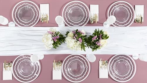 PLASTICPRO 32 Pack Elegant Disposable Plastic Plates Combo Set Includes 16 Dinner Plates and 16 Salad Plates Heavy Duty Fancy Party Plates Clear & White Contemporary Design - Image 2