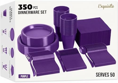 350 Pcs Purple Plastic Plates for Party Purple Disposable Plates Set 50 of Each 9 Dinner Plate Set 7 Dessert Plate Cups Napkins & Cutlery Plastic Dinnerware Set Exquisite by Exquisite