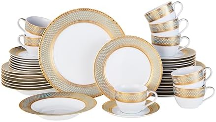 Porcelain Dinnerware Set with Real Gold Trim (Geometric Pattern, Service for 8) by Roeveca