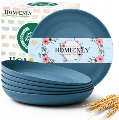 Homienly Salad Plates Wheat Straw Plates Set 6 PCS Unbreakable Kitchen Plates for Cake,Pizza Microwave & Dishwasher Safe Deep Plates 9 Inch Reusable Plastic Plates for Picnic,Party,RV (Blue) by HOMIENLY