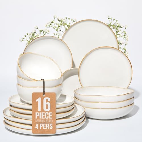 Pokini Stoneware Dinnerware Sets for 4, 16Pcs Ceramic Plates and Bowls Sets by Pokini