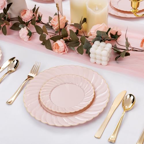 YOUBET 125PCS Pink Plastic Plates with Gold Rim for Wedding Birthday Party - Image 4