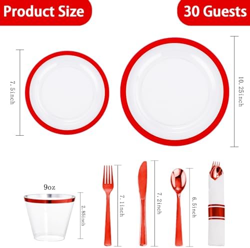 I00000 210 Pcs Red Plastic Plates Set, Disposable Dinnerware Set for Party - Image 5