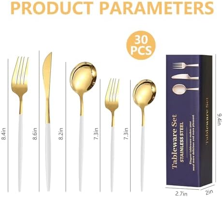 Kawlity Stainless Steel Serving Flatware Durable White & Gold Polished Knives Spoon Forks 30 Pcs Utensil Dinner Tableware, for Kitchen Dishwasher Adults and Children Ideal Gift - Image 5