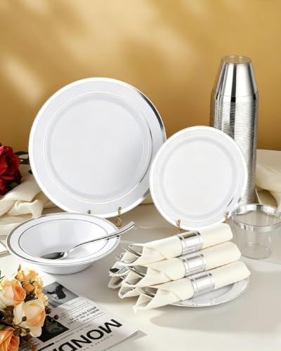 Goodluck 400 Piece Silver Plastic Dinnerware Set for 50 Guests - Image 6