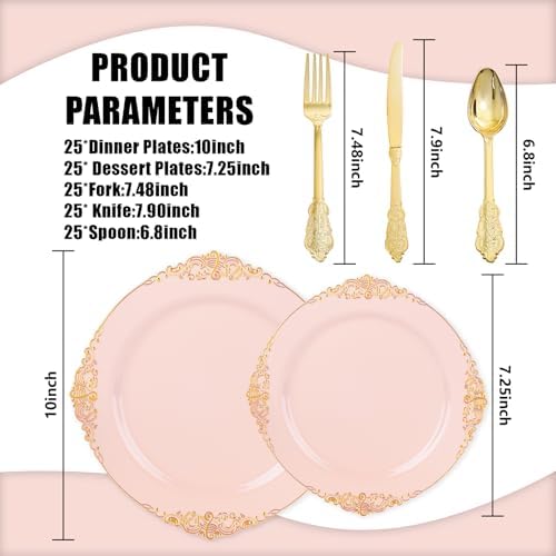 125PCS Pink and Gold Plastic Plates for Weddings Baby Shower Parties - Image 2