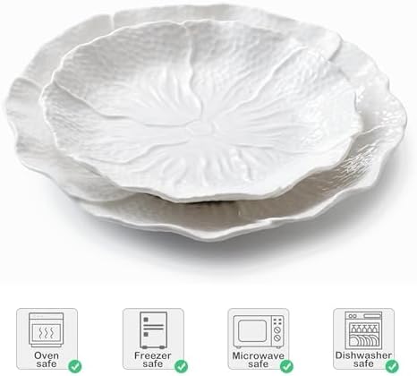 4 Piece White Ceramic Salad Plates Dessert Plates Set (10 inches & 8 inches) Vegetable Floral Embossed Design Porcelain Appetizer Plates - Image 3
