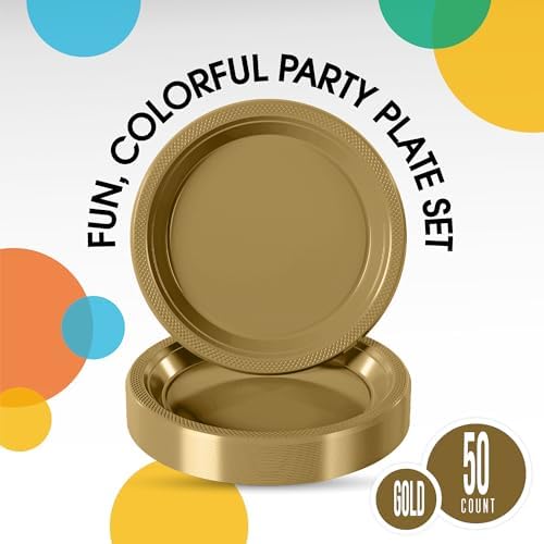 Exquisite Party Solids Sturdy Gold Plastic Plates 9" Party Plates 50 Pcs - Image 2