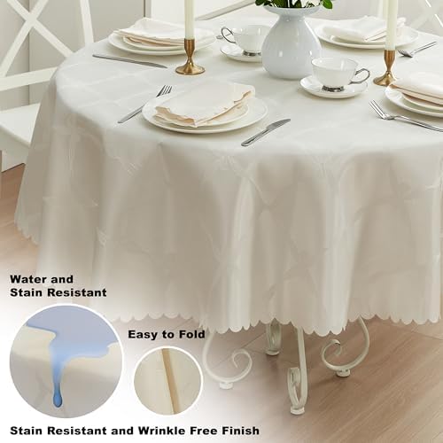 Newbridge Ribbons and Bows Damask Fabric Tablecloth, Ivory, 90 Inch Round, Wrinkle & Stain Resistant Table Cover - Image 3