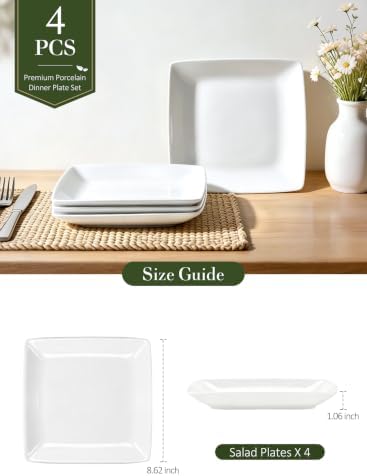 Porcelain Square Dinner Plates, 8.4 in White Dessert Plates, Set of 4 - Image 2