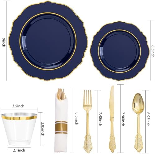 Liacere 175PCS Navy Blue Plastic Plates-Disposable Blue Gold - 25guest Baroque Plastic Dinnerware include 50Plates,25Pack Pre Rolled Napkins with Silverware 25Cups for Party & Wedding & Labor Day - Image 3