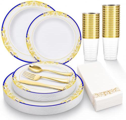 Gold Disposable Plastic Plates, Heavy Duty Disposable Dinner Ware Set. by POZCMJM