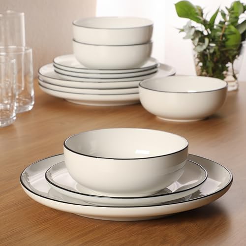 Gibson Home Havenstone 12-Piece Dinnerware Set – Dinner Plates, Salad Plates & Bowls, Classic White With Black Rim Everyday Dish Set for Home, Kitchen, Microwave & Dishwasher Safe - Image 2