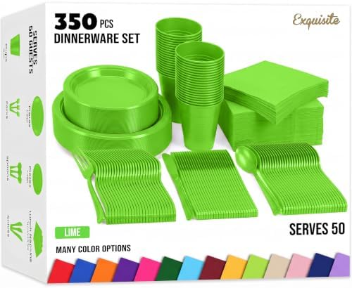 350 Pcs Lime Green Plastic Plates for Party Lime Green Disposable Plates Set 50 of Each 9 Dinner Plate Set 7 Dessert Plate Cups Napkins & Cutlery Plastic Dinnerware Set Exquisite by Exquisite