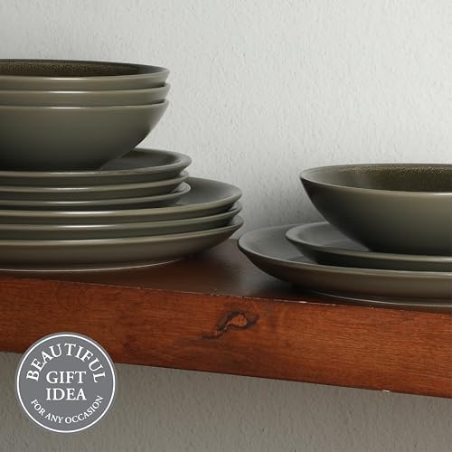 Gibson Elite 12 Piece (Service for 4) Lakecrest Plates and Bowls Reactive Glaze Round Dishes Stoneware Ceramic Dinnerware Set - Dark Green - Image 5