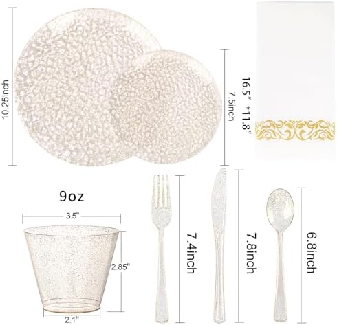Rubtlamp 175 Pcs Gold Glitter Plastic Plates, Hammered Disposable Plates Set (25 Guests), Glitter Dinnerware Set Include 50 Plastic Plates, 75 Glitter Silverware, 25 Cups And 25 Napkins for Party - Image 3