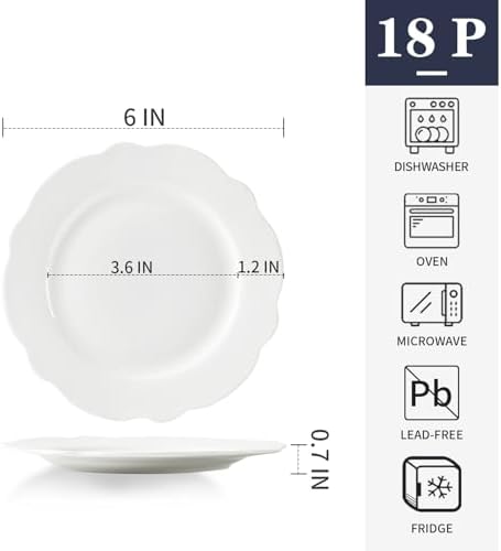 6" White Porcelain Small Dinner Plates Leave Wave Rim Set of 18 - Image 4