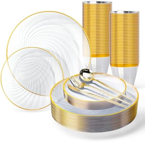 N9R 180PCS Clear and Gold Plastic Plates Disposable, Spiral Dinnerware Set by N9RTABLEWARE