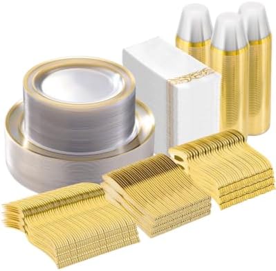 Goodluck 350 Pieces Clear Gold Disposable Dinnerware Set for 50 Guests by GoodLuck