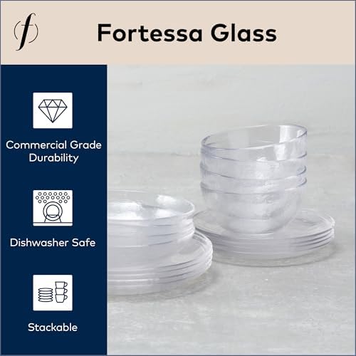 FORTESSA Los Cabos Tableware, 16-Piece Glass Dinnerware Set with 4 Dinner Plates, 4 Salad Plates, 4 Coupe Bowls and 4 Cereal Bowls, Dishwasher-Safe Glass Plate Set, Clear - Image 2