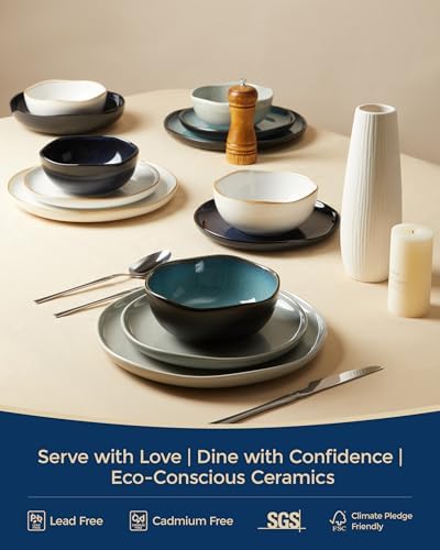 Pokini 10 Inch Ceramic Dinner Plates Set of 6, Wavy Rim Stoneware Plates - Image 7
