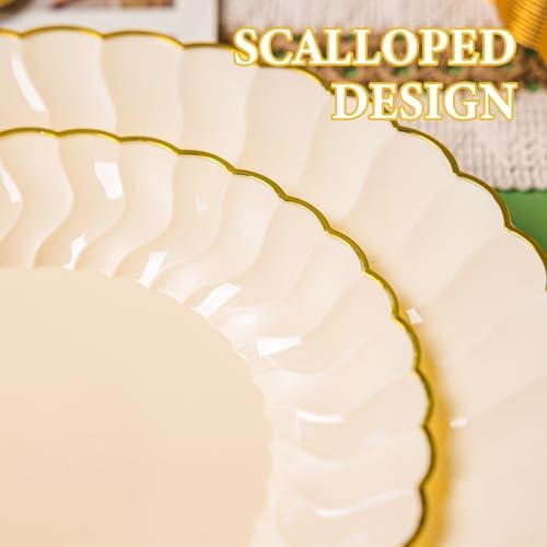 Lullaby 60PCS Light Yellow Scalloped Plastic Plates with Gold Rim for Party - Image 3