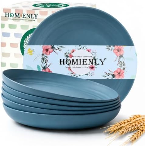 Homienly Unbreakable Salad Plates Wheat Straw Plates Set of 6 Lightweight Dinner Plates for Picnic,RV,Kitchen Large Deep Plates Set for Bread and Butter,Breakfast Microwave & Dishwasher Safe (Blue) by HOMIENLY