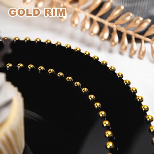 HOMIP 50PCS Disposable Black Plastic Plates with Gold Pearl-Beaded Rim - Image 3