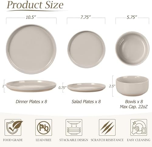LIANYU Dinnerware Dishes Sets for 8, 24-Piece Stoneware Dinner Set, Ceramic Dining Bowls and Plates Crafted at 2400℉, Scratch Resistant, Microwave & Dishwasher Safe, Milky Brown - Image 3