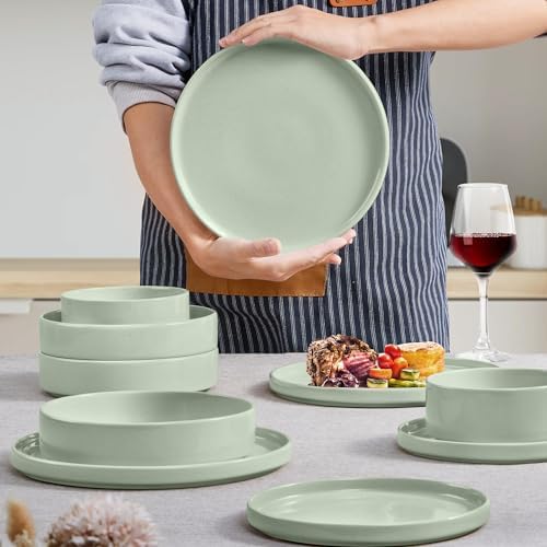 Herogo 16 Piece Plates and Bowls Set, Porcelain Dinnerware Sets with Pasta Bowls, Kitchen Dinner Ware Dishes Service for 4, Chip & Scratch Resistant Dishware, Speckled Light Green - Image 5